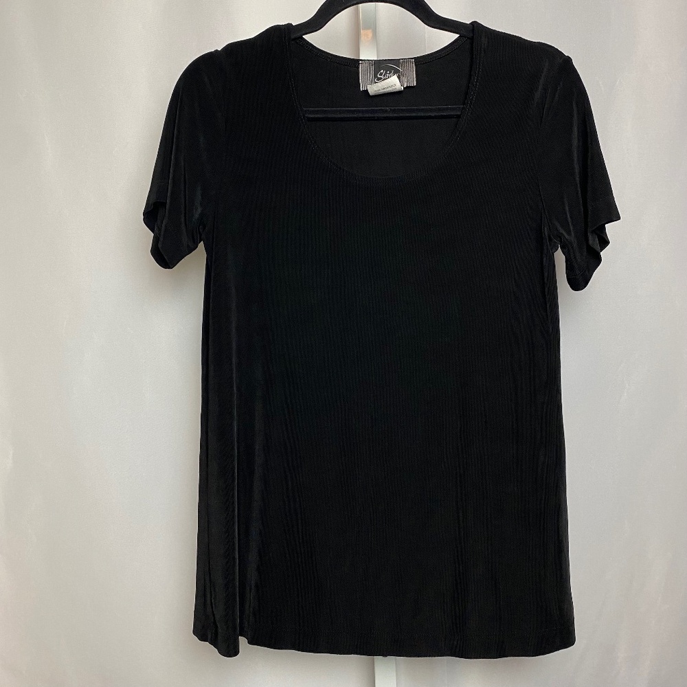 NWOT Slinky Brand Womenʻs Black Scoop Neck Stretch Dress Blouse Small